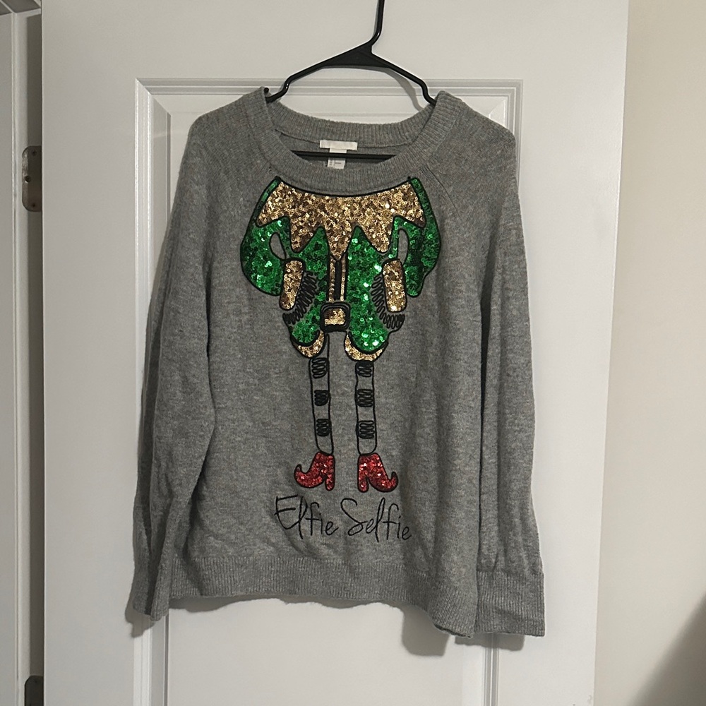Gray Christmas Sweater with Sequin Elf Design